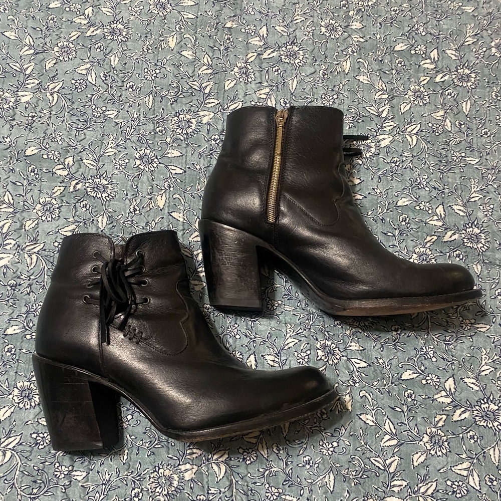 Black leather bootie with side lace accents. Ladies size 9. - Picture 2 of 15